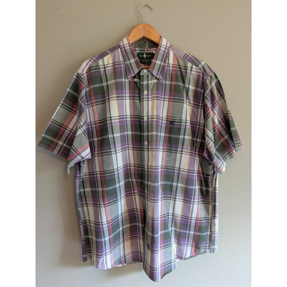 Vintage 90s Hunt Club Mens XL Plaid Button Down Shirt Purple Green Short Sleeve